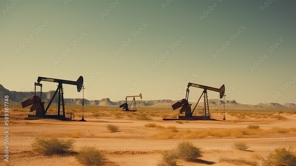 Working oil pumps in desert place. Natural resources industry. Oil rig in dunes. Generative AI