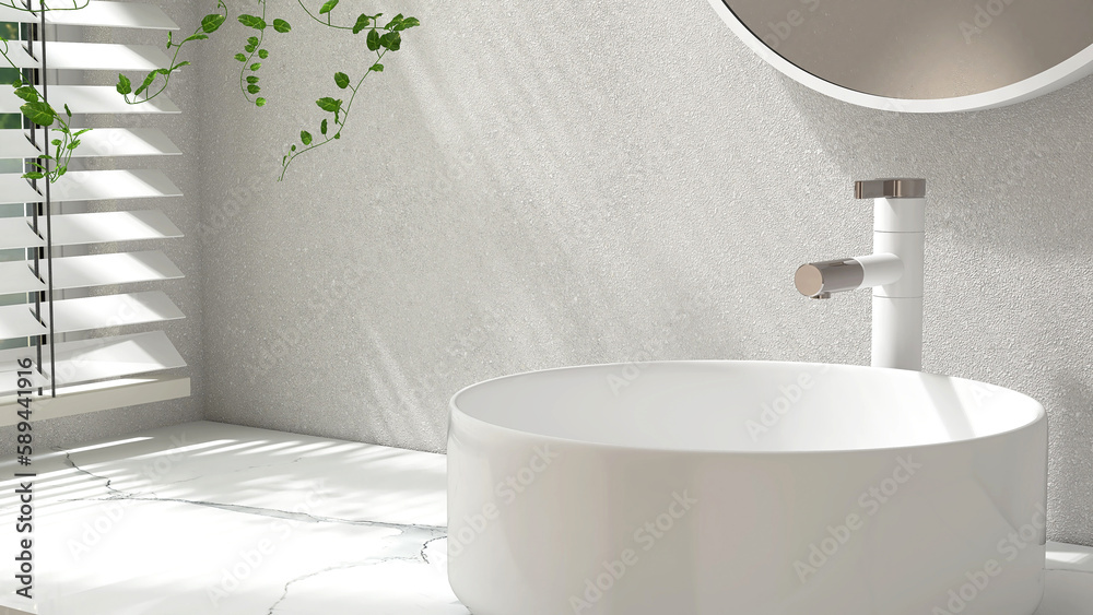 Modern marble vanity counter, white round ceramic washbasin, mirror, creeper plant in sunlight from 