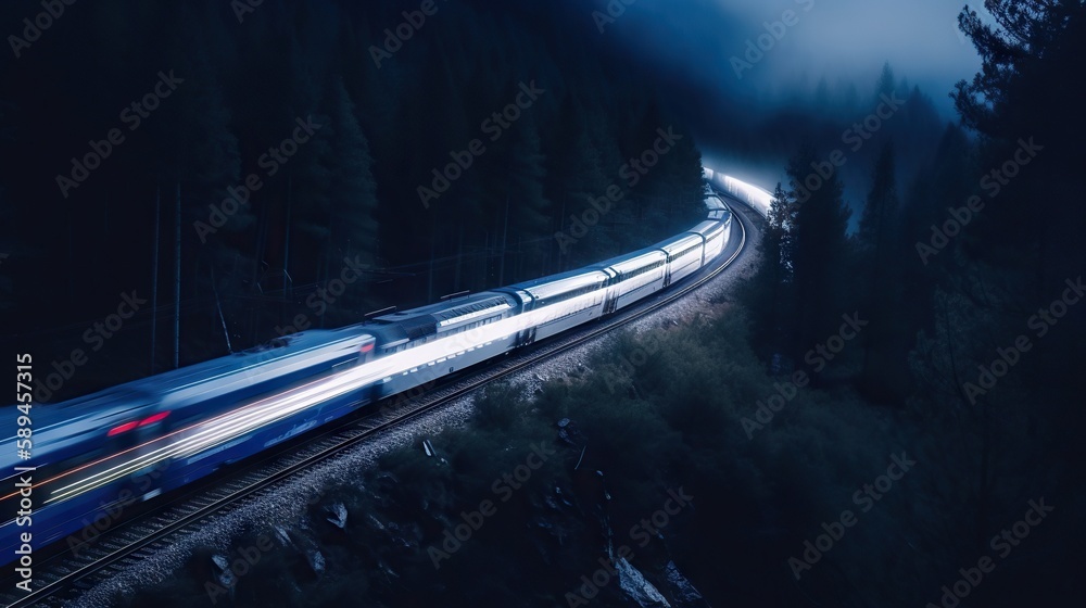 Speed passenger train moving in the night mountains covered with forest. Generative AI