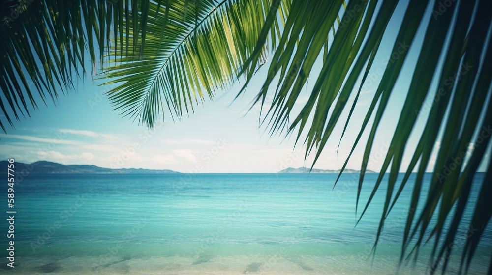 Tropical summer seascape with palm leaves, beach and paradise ocean. Vacation and travel backdrop. G