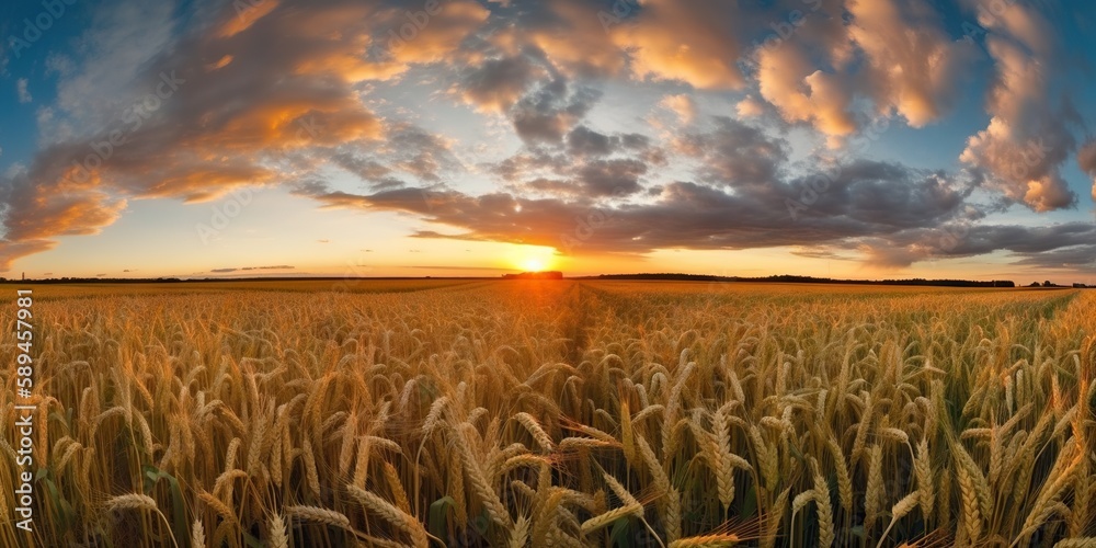 Panoramic view on field of golden ripe wheat on sunset. Generative AI