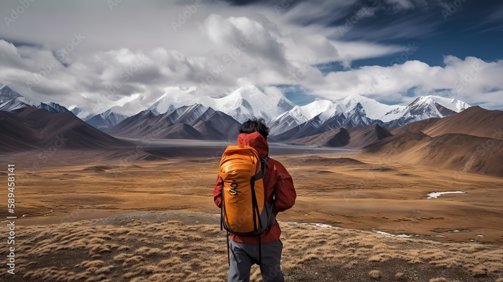 Explorer stand in front of high mountain peak landscape. Generative AI