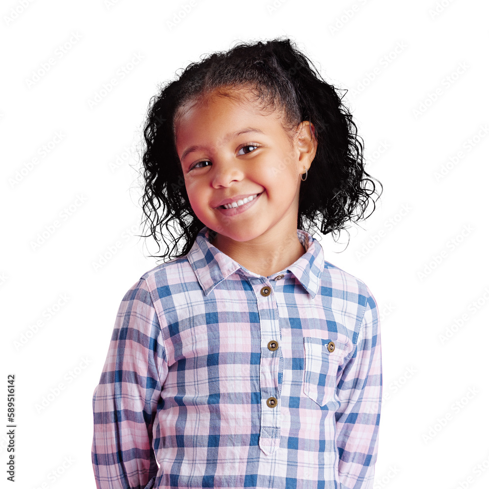 Portrait of the face of African girl, smiling with beautiful curly hair and wearing a pretty dress. 