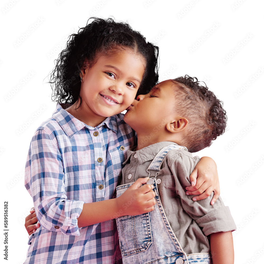 Mixed-race siblings show love and hugging, casual clothes and isolated on a transparent, png backgro