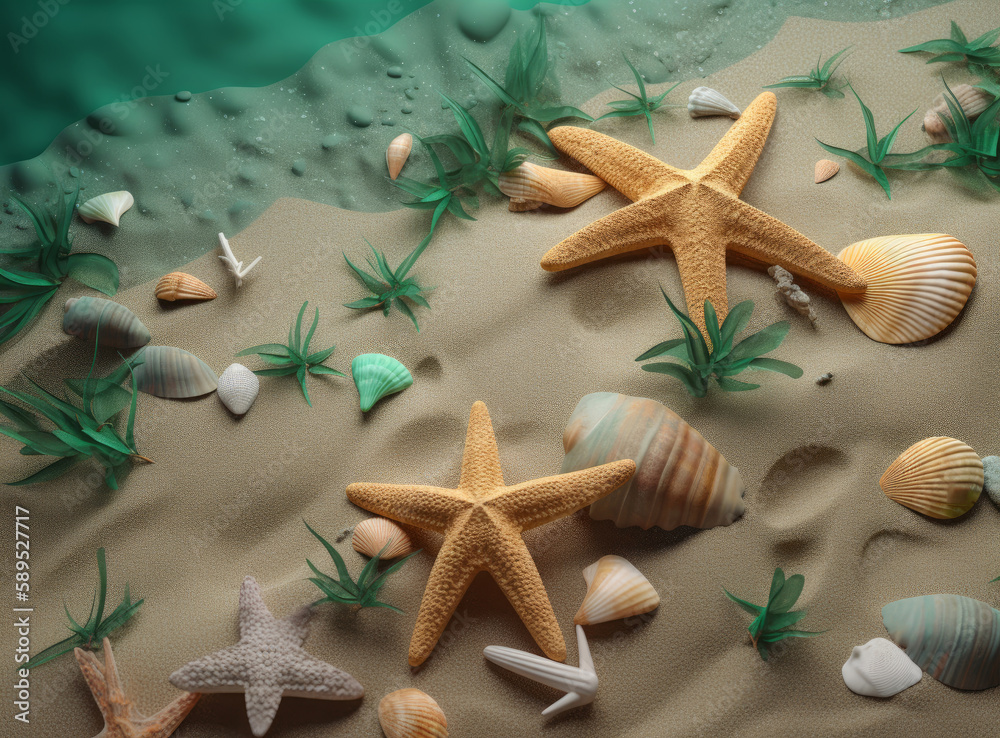 Beach sand with stars and shells. Illustration AI Generative