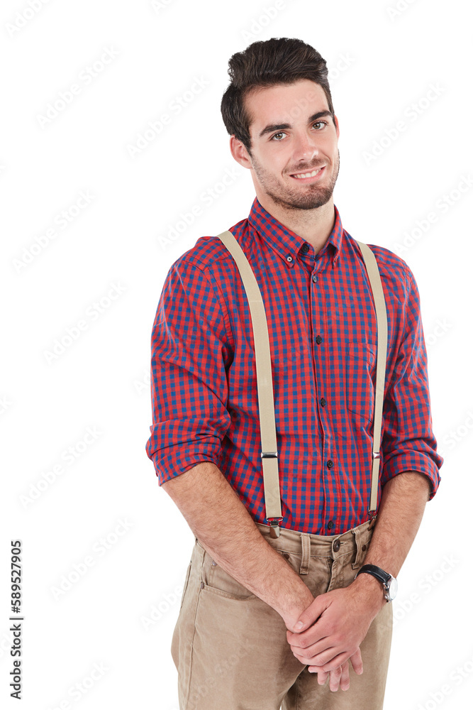 Happy portrait of an adult man, smile on face with hipster fashion standing with hands together. Fun