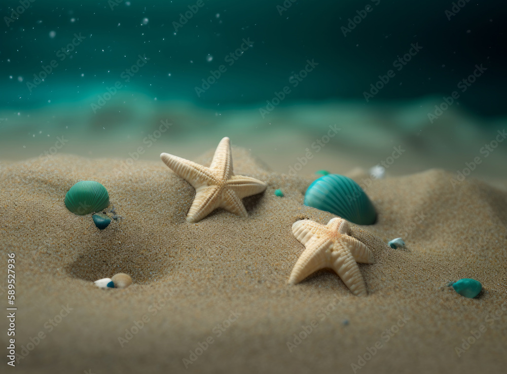 Beach sand with stars and shells. Illustration AI Generative