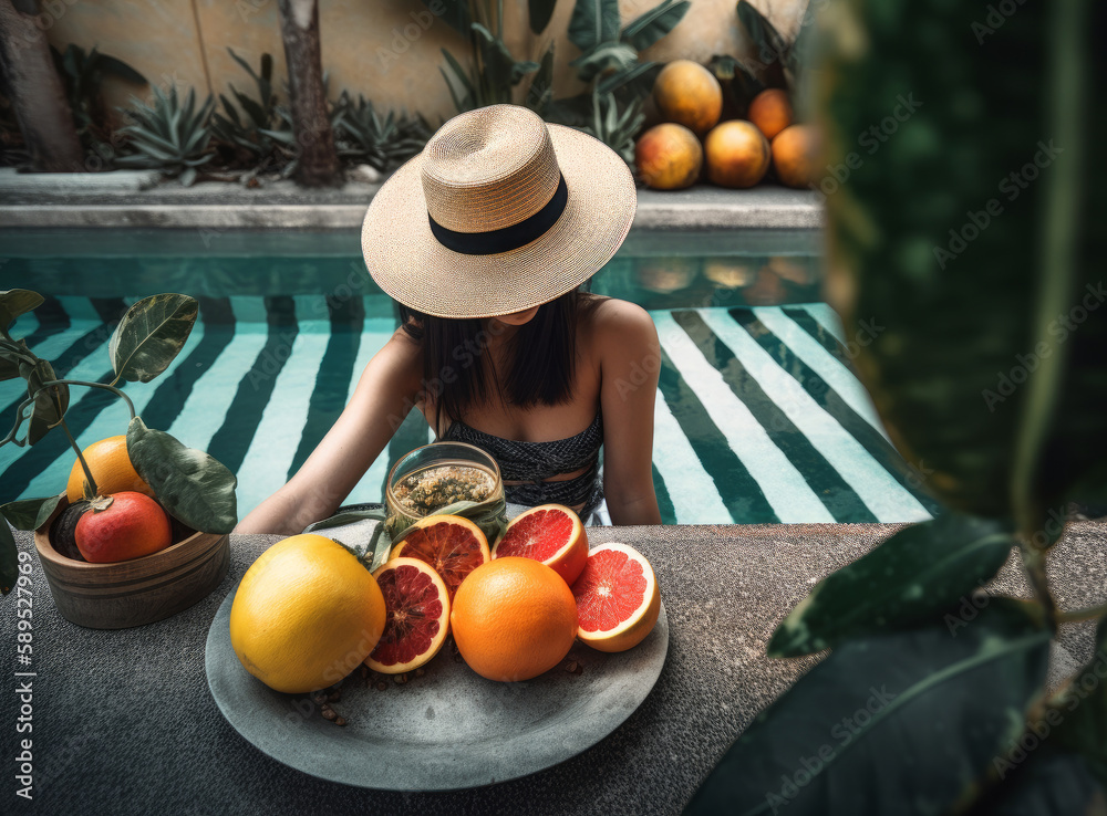 Woman eating near pool. Illustration AI Generative