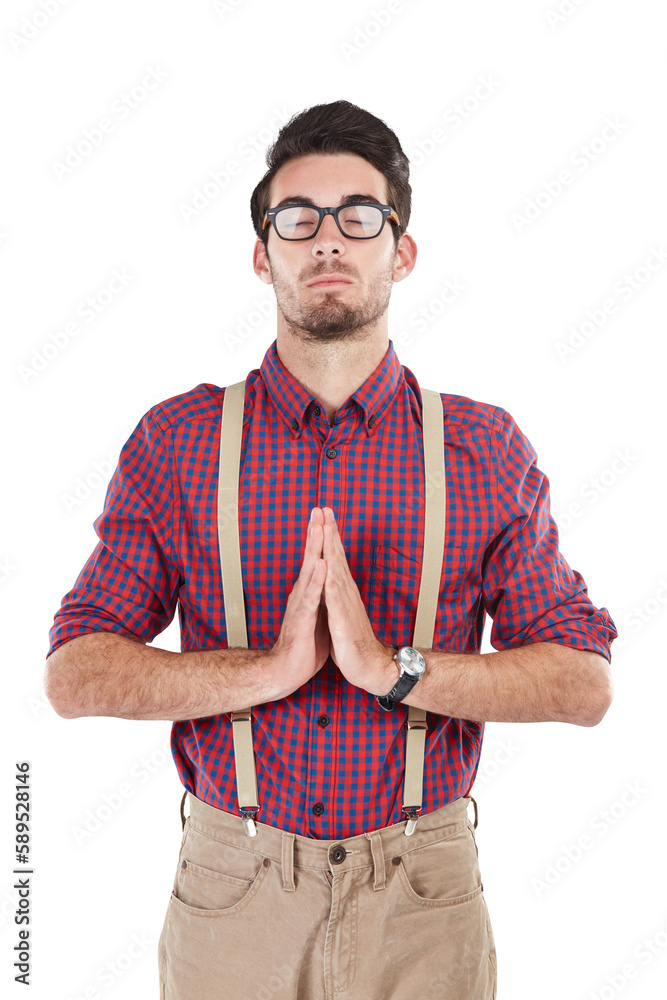 Man praying with hands together, eyes closed for mindfulness or meditation and wearing hipster outfi