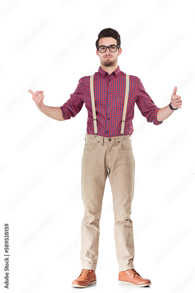 Man with thumbs up, smile for portrait of winning a good deal and wearing hipster clothing with glas