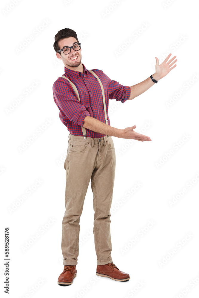 Nerdy man, smile for portrait while promoting for advert and wearing hipster clothing and glasses. H