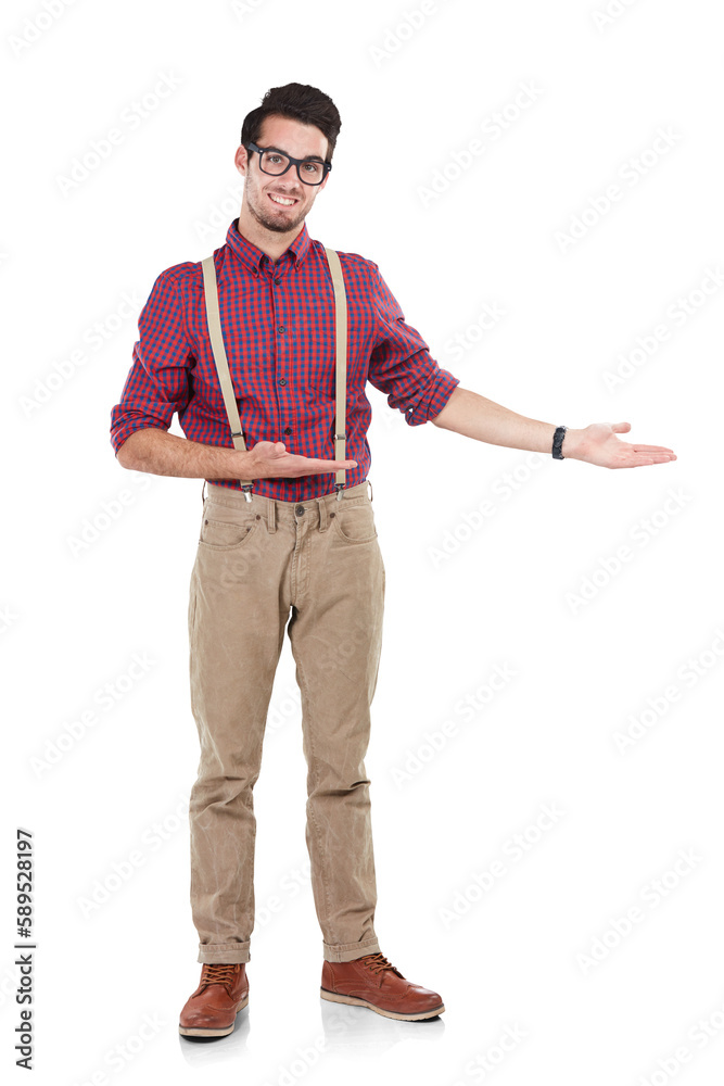 Nerdy man, smile for portrait while promoting for advert and wearing hipster clothing and glasses. H