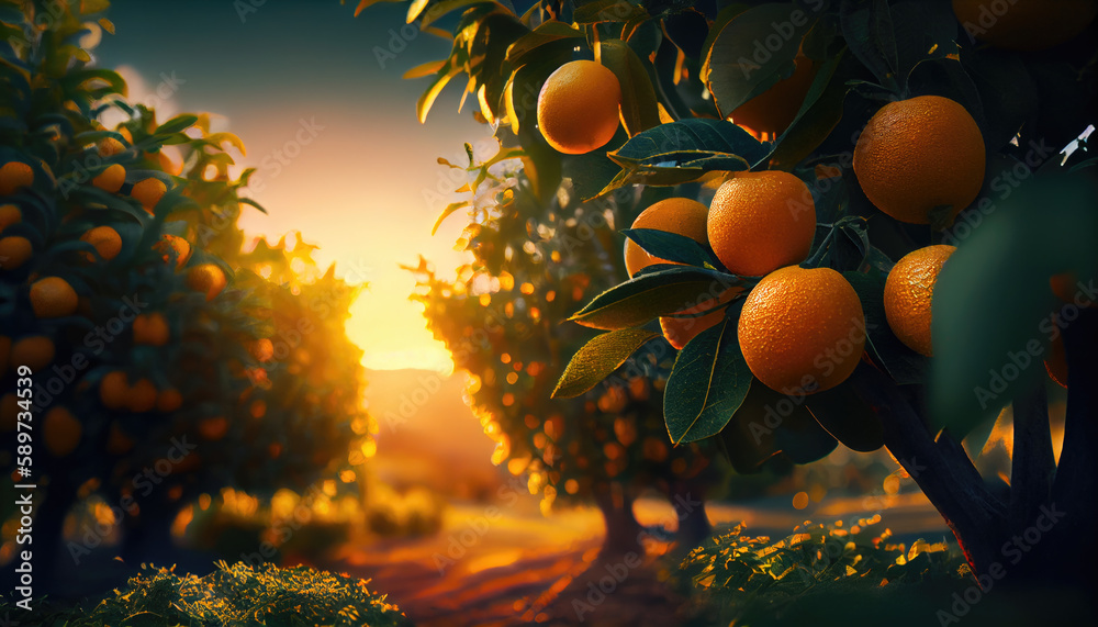 Juicy oranges grow on trees. orange farm. Generative AI