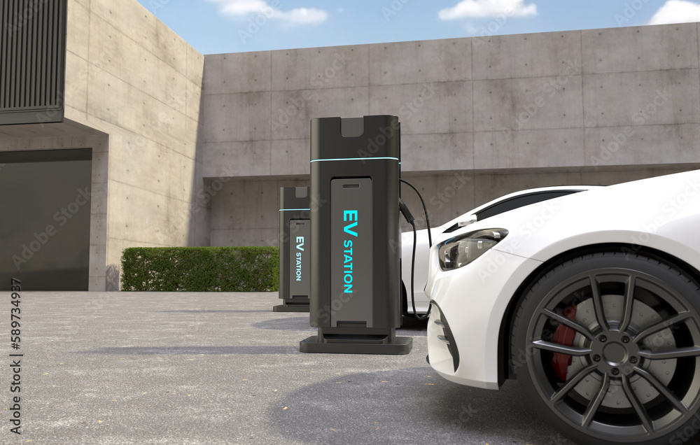 Electric car is charging the battery at the Ev charging station