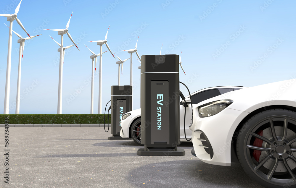 Electric car is charging the battery at the Ev charging station