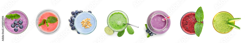 Set of different smoothies on white background, top view