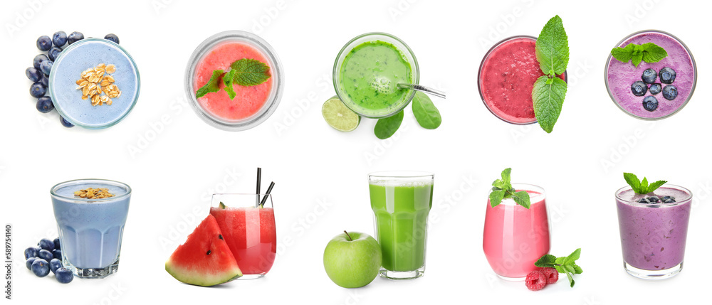 Set of many different smoothies on white background