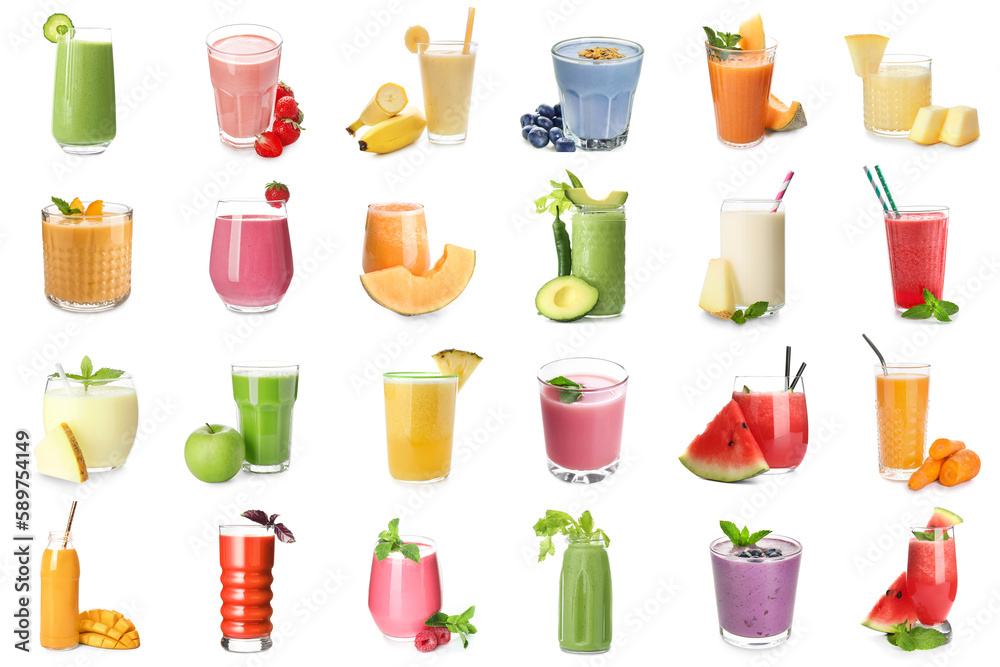 Set of many smoothies on white background