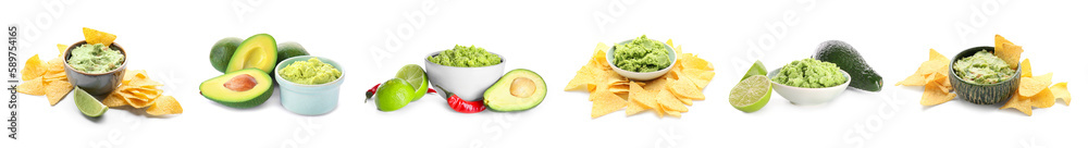 Set of delicious guacamole and nachos on white background