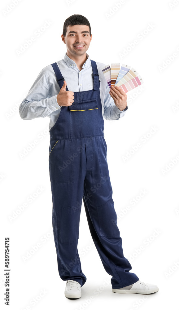 Male painter with color palettes showing thumb-up on white background