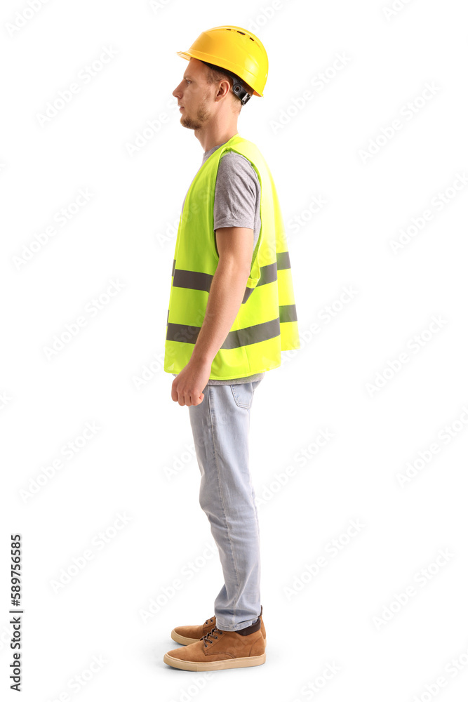 Male worker in vest and hardhat on white background