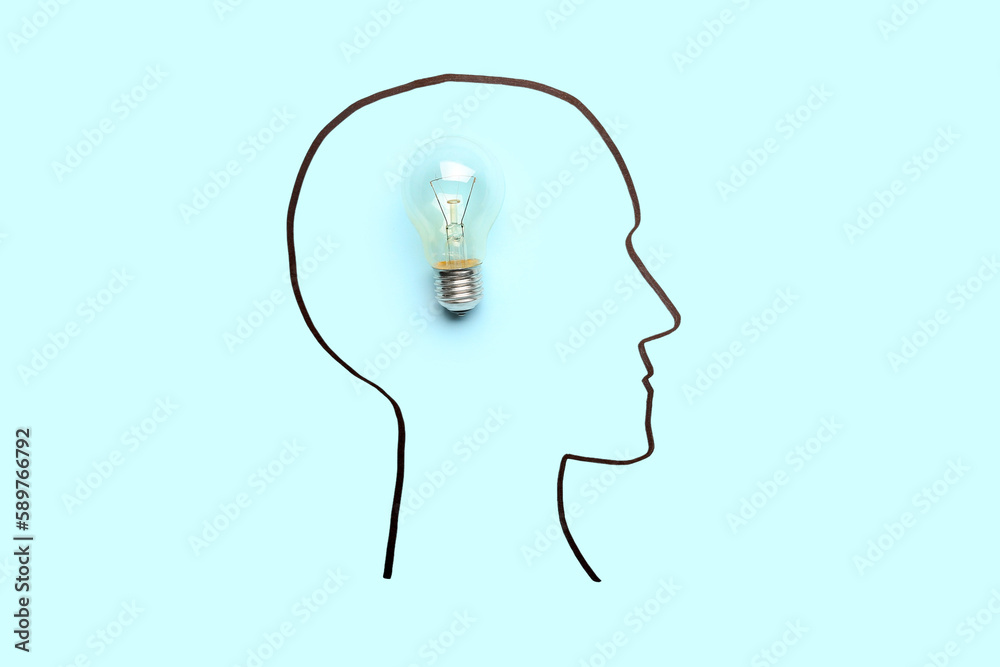 Drawn human head with light bulb on blue background. Insight concept