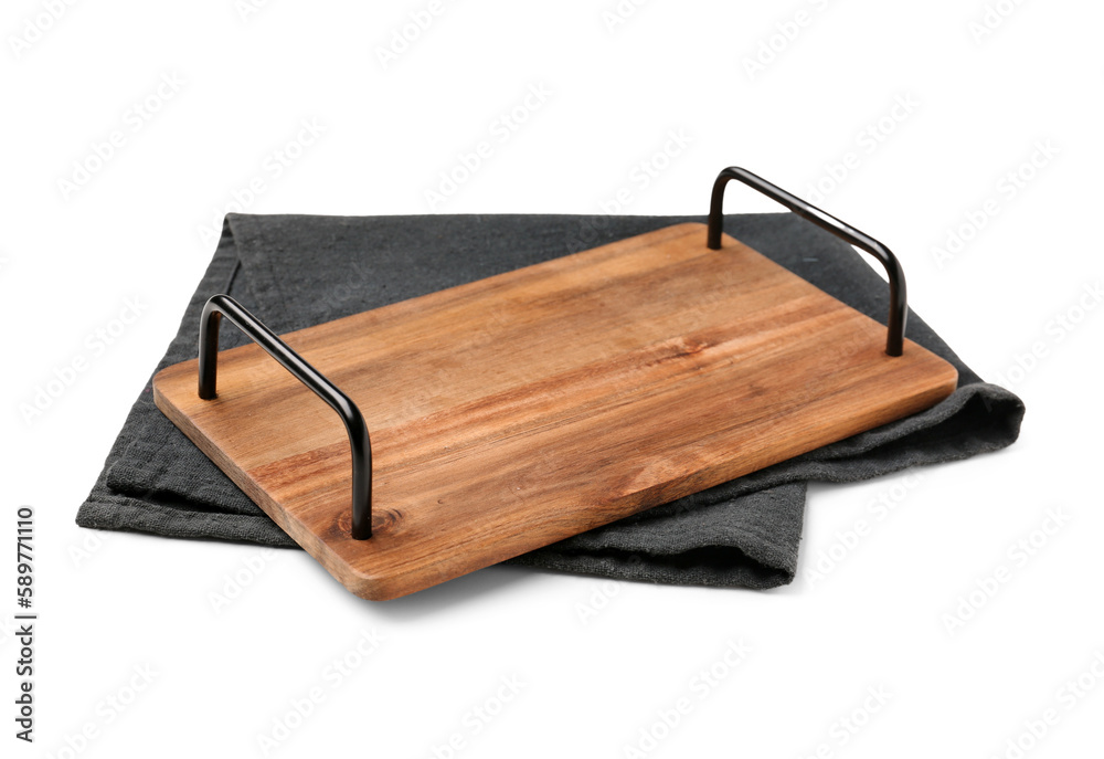 Wooden cutting board with handles and napkin on white background