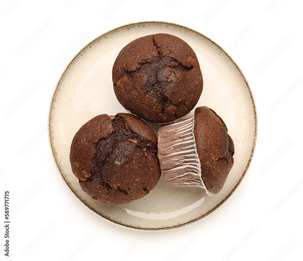 Plate with tasty chocolate cupcakes isolated on white background