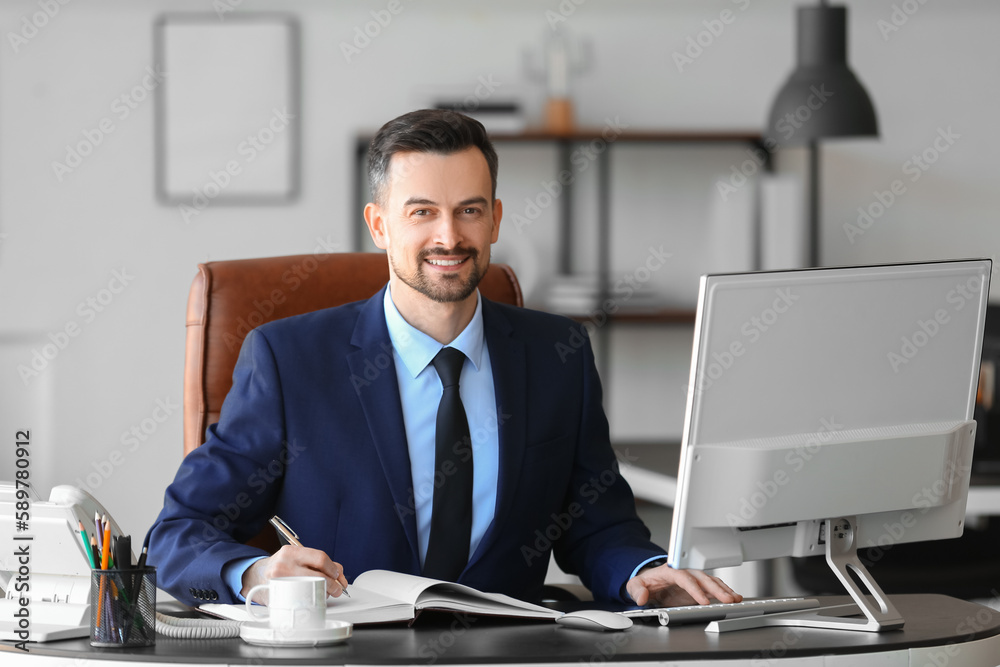 Handsome businessman working with computer at table in office