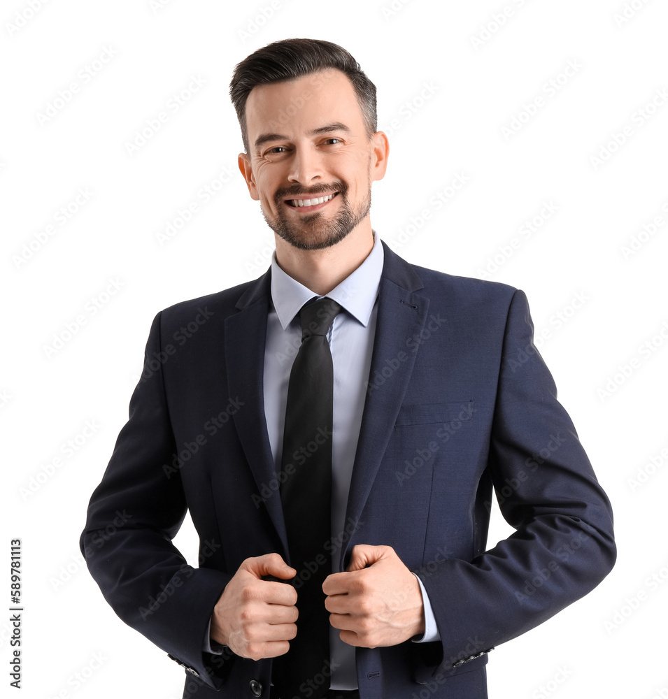 Handsome businessman in suit on white background