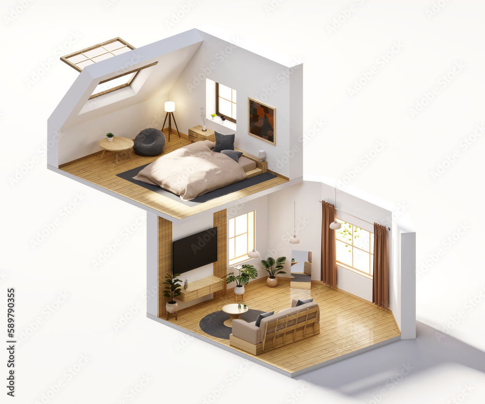 Isometric view bed room muji style open inside interior architecture, 3d rendering digital art.