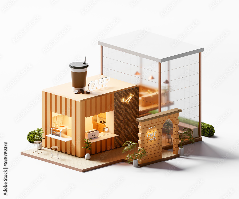 Isometric view minimal cafe restaurant container store exterior architecture 3d rendering digital ar