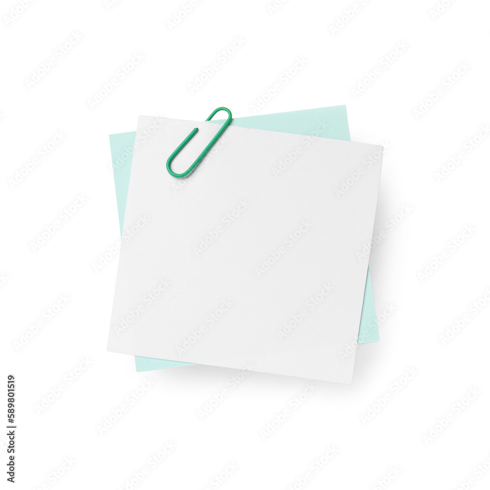 Sticky notes with paper clip on white background