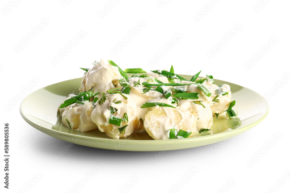 Plate of tasty Potato Salad with greens on white background