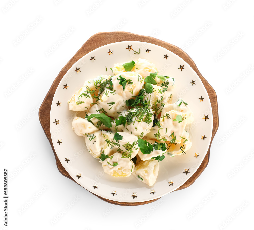 Plate of tasty Potato Salad with greens on white background