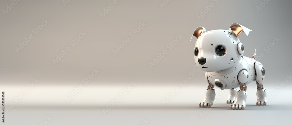 Cute robotic puppy isolated on large empty background. White happy little dog robot. Futuristic pet 