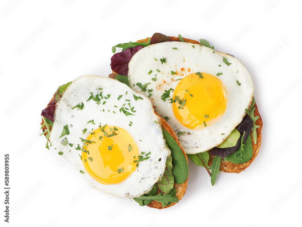 Delicious sandwiches with fried eggs on white background