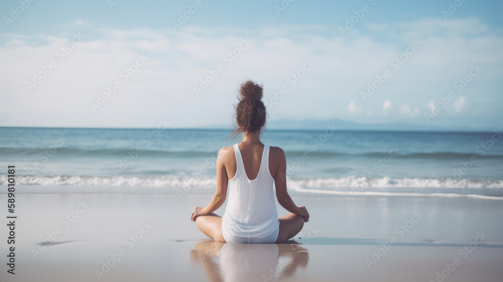 Woman practicing yoga at seashore. Generative AI