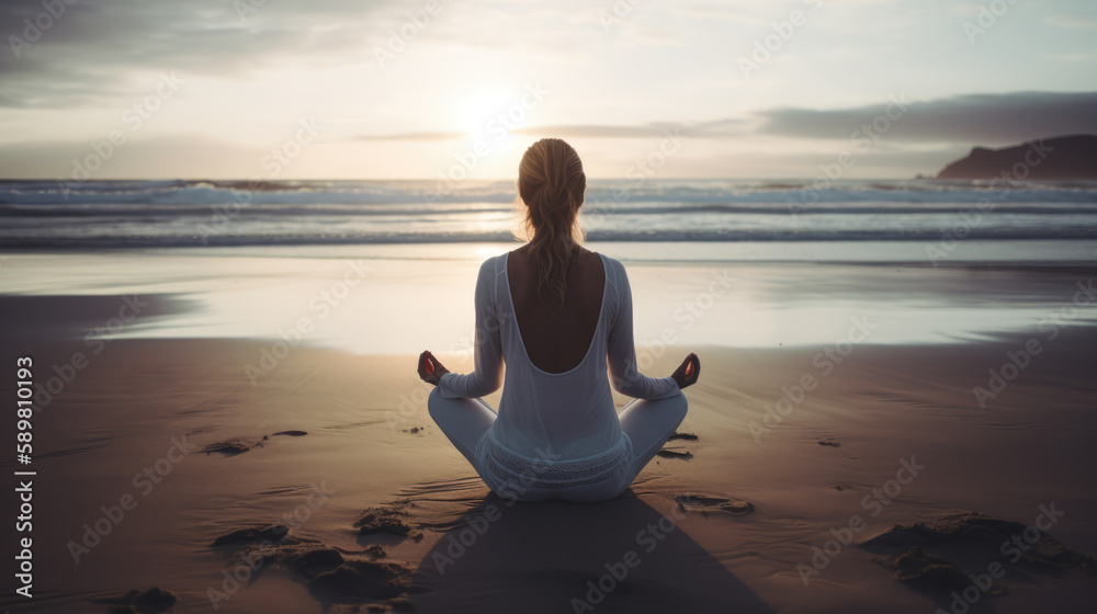 Woman practicing yoga at seashore. Generative AI