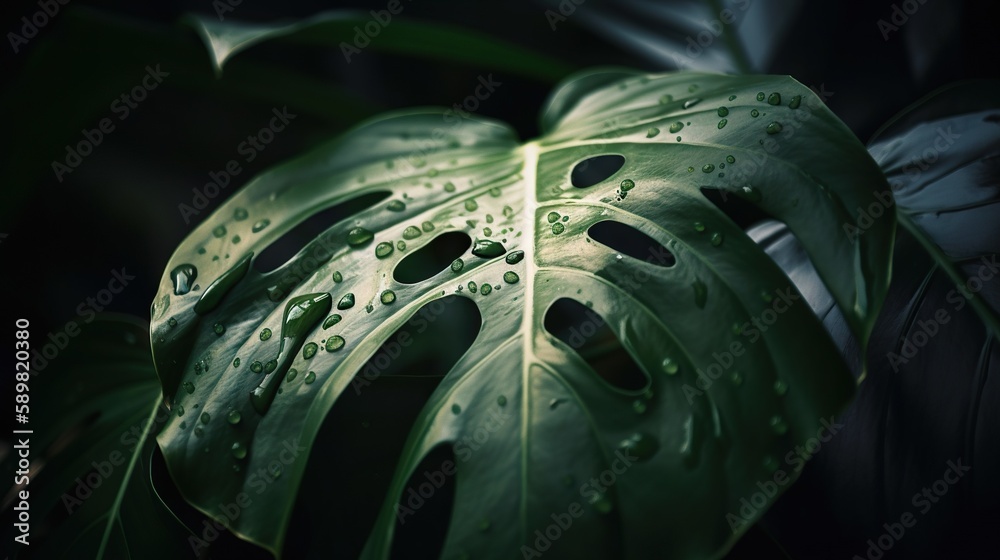 Closeup of Monstera tropical plant leaves with rain drops. Green natural backdrop. Generative AI