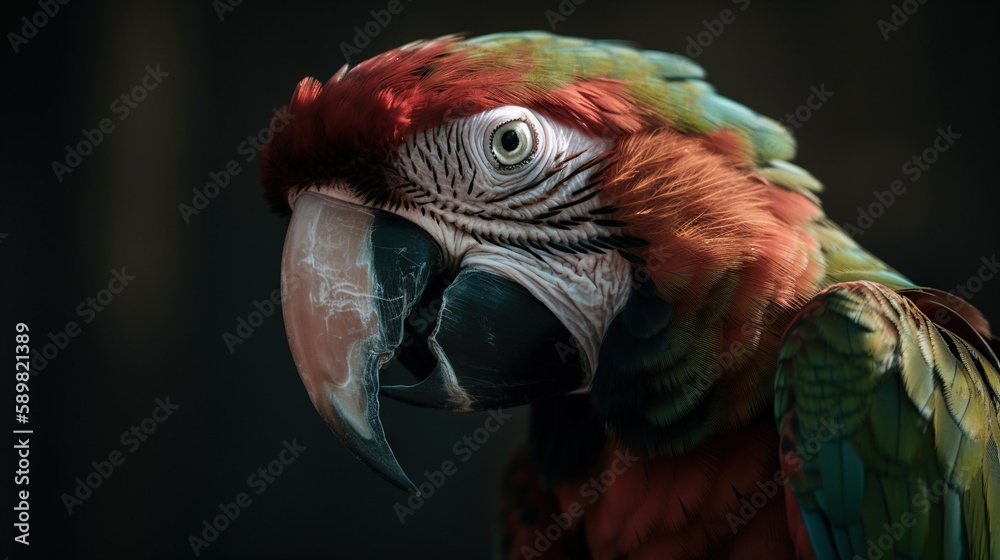 Profile portrait of green-winged macaw parrot. Generative AI