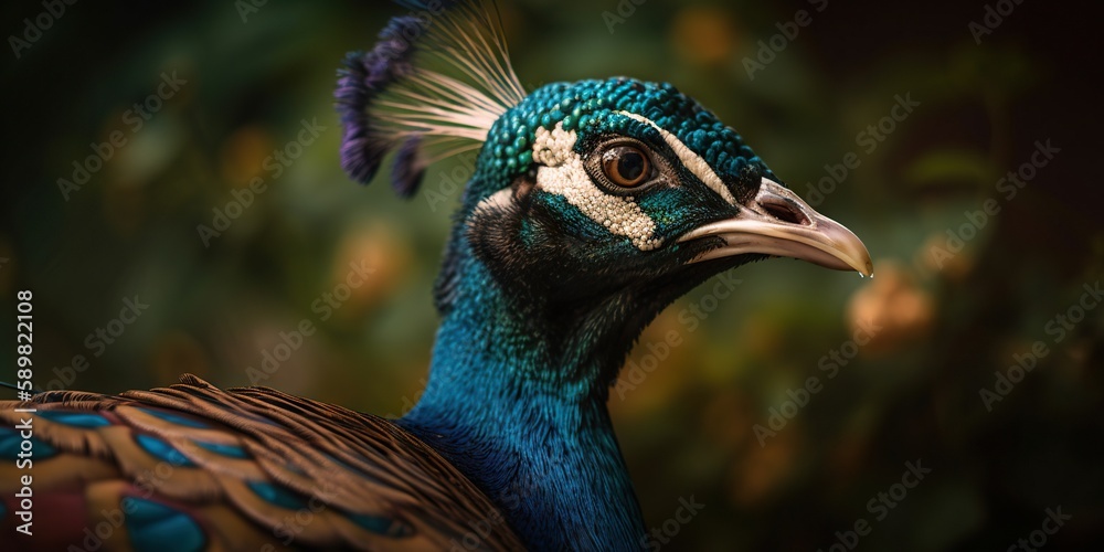 Close up photo of Peacock bird on forest background. Generative AI