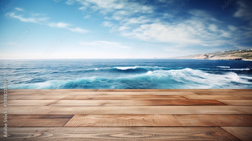 Wood table mockup with ocean waves on background. Empty copy space for product presentation. Generat