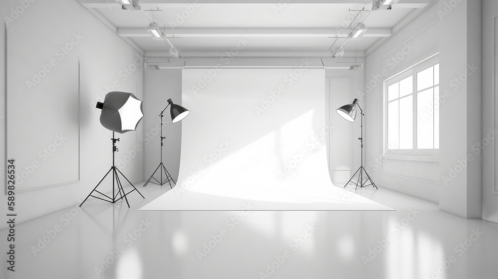 Empty white studio room. Illustration AI Generative.