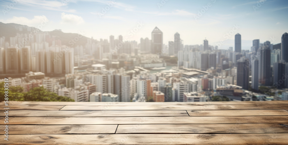 Wood table mockup with Hong Kong city street in shallow depth of field. Copy space for product. Gene