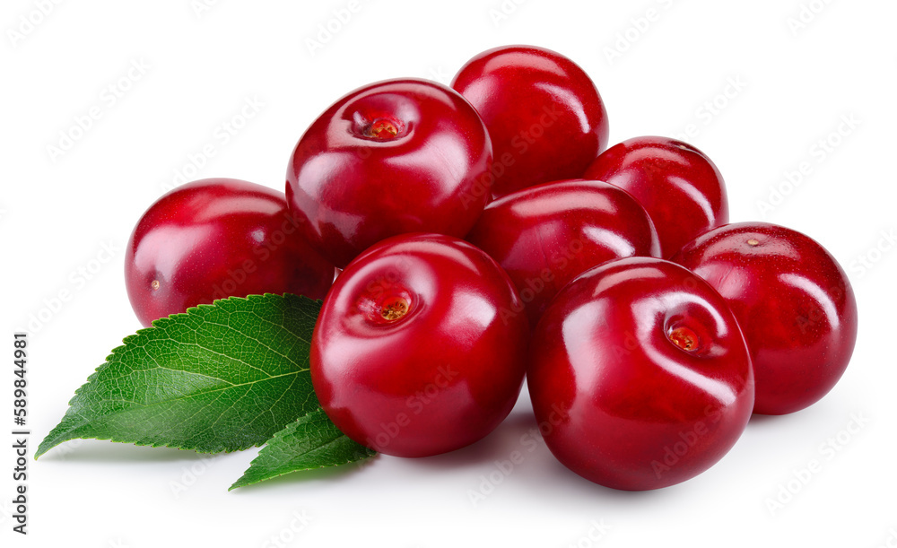 Cherry. Cherry with leaves on white background. Perfect retouched cherries with clipping path. Cherr