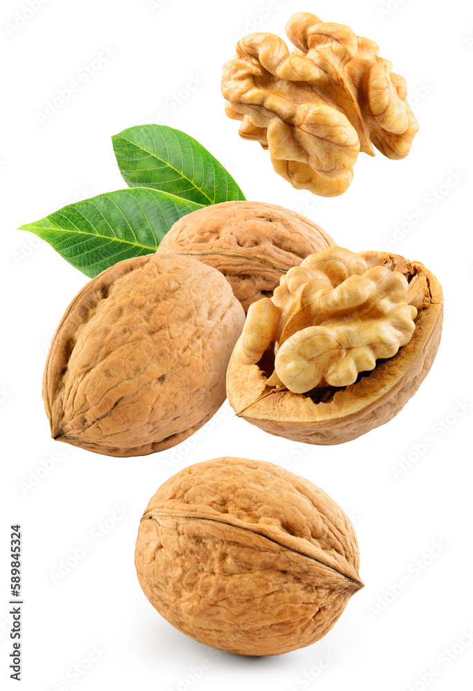 Walnut isolated. Walnut peeled and unpeeled on white background. Walnut with leaves and kernel flyin