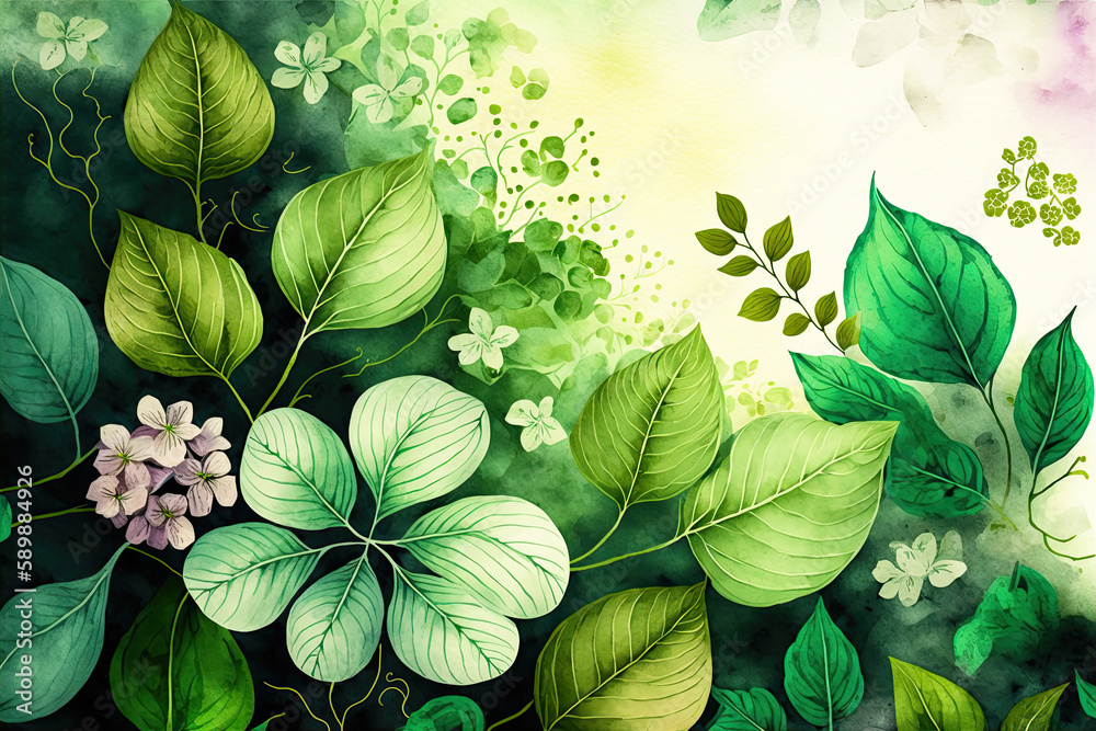 Spring watercolor background with green leaves. Generative AI illustration.