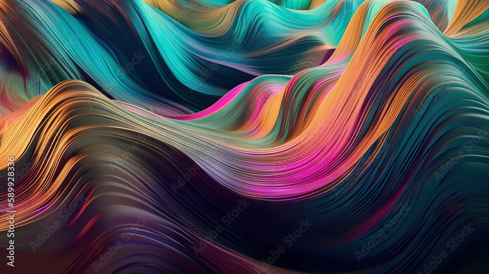 Wavy holographic foil. Neon gradient crumpled surface. Dreamy Y2K background. Generative AI