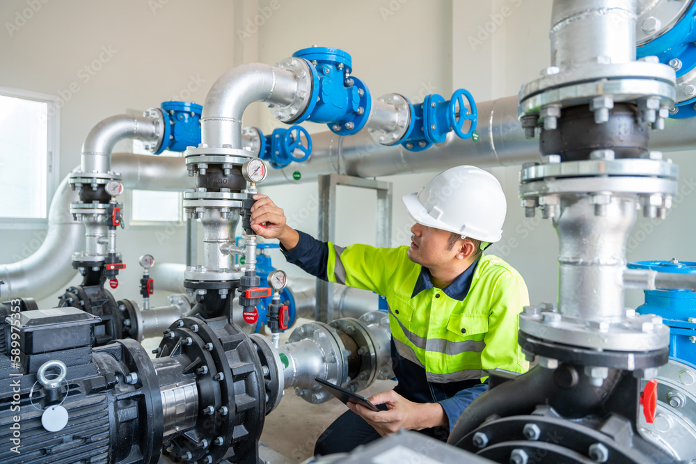 A worker at a water supply station inspects water pump valves equipment in a substation for the dist